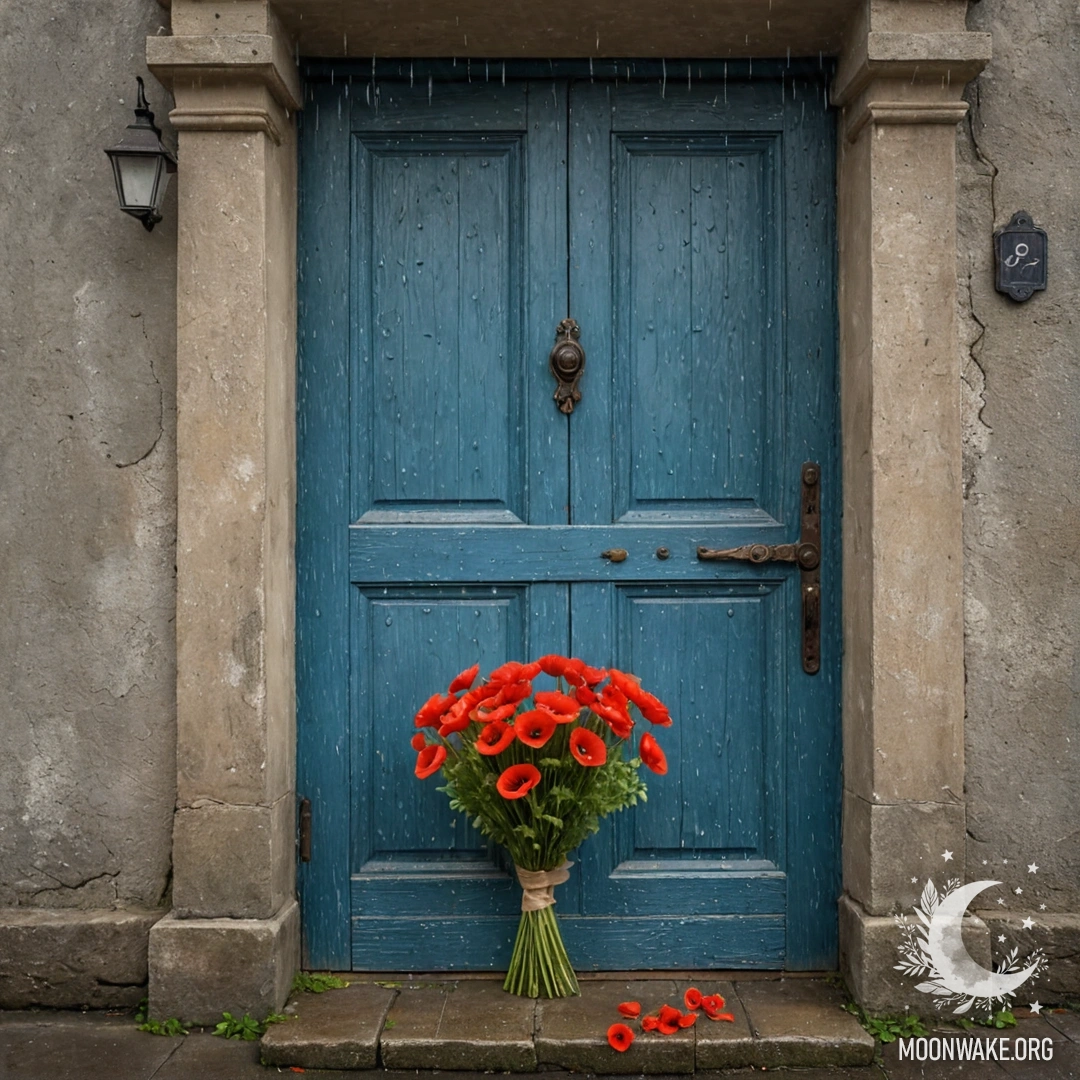 Old Shabby Blue Door with Poppies in the Rain An old, shabby blue door adorned with a bouquet of poppies hanging from the handle, drenched in rain.