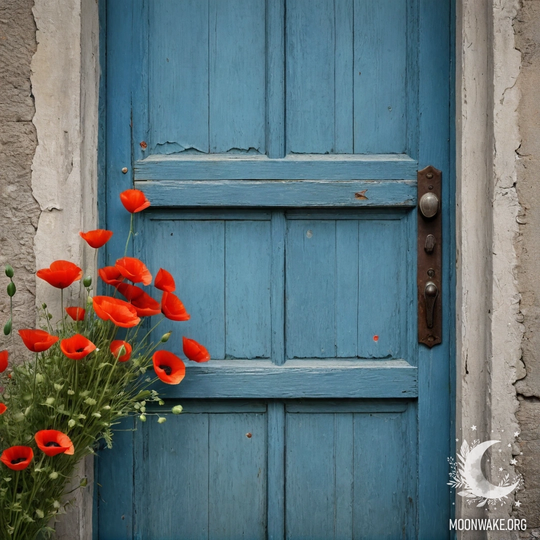 A weathered blue door with a bouquet of red poppies in the handle.