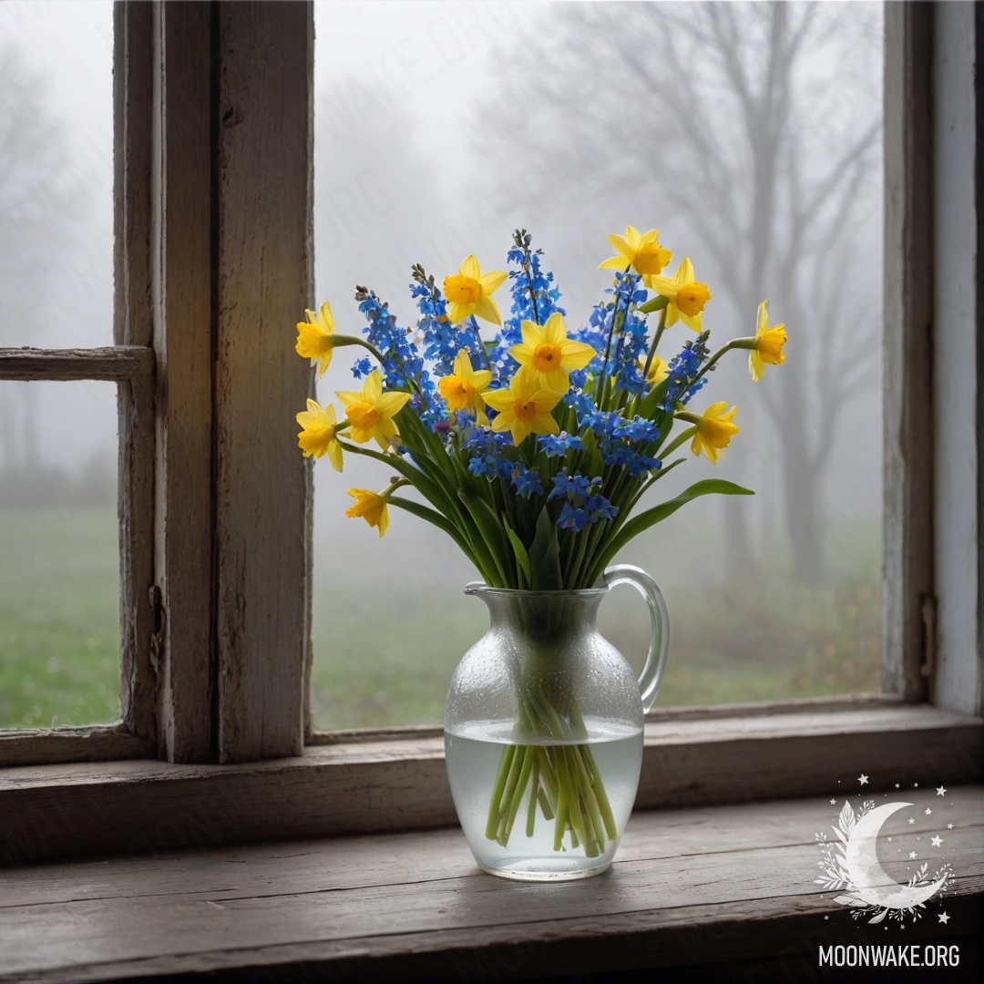 A white porcelain vase with daffodils and forget-me-nots on a wooden window sill in heavy fog.