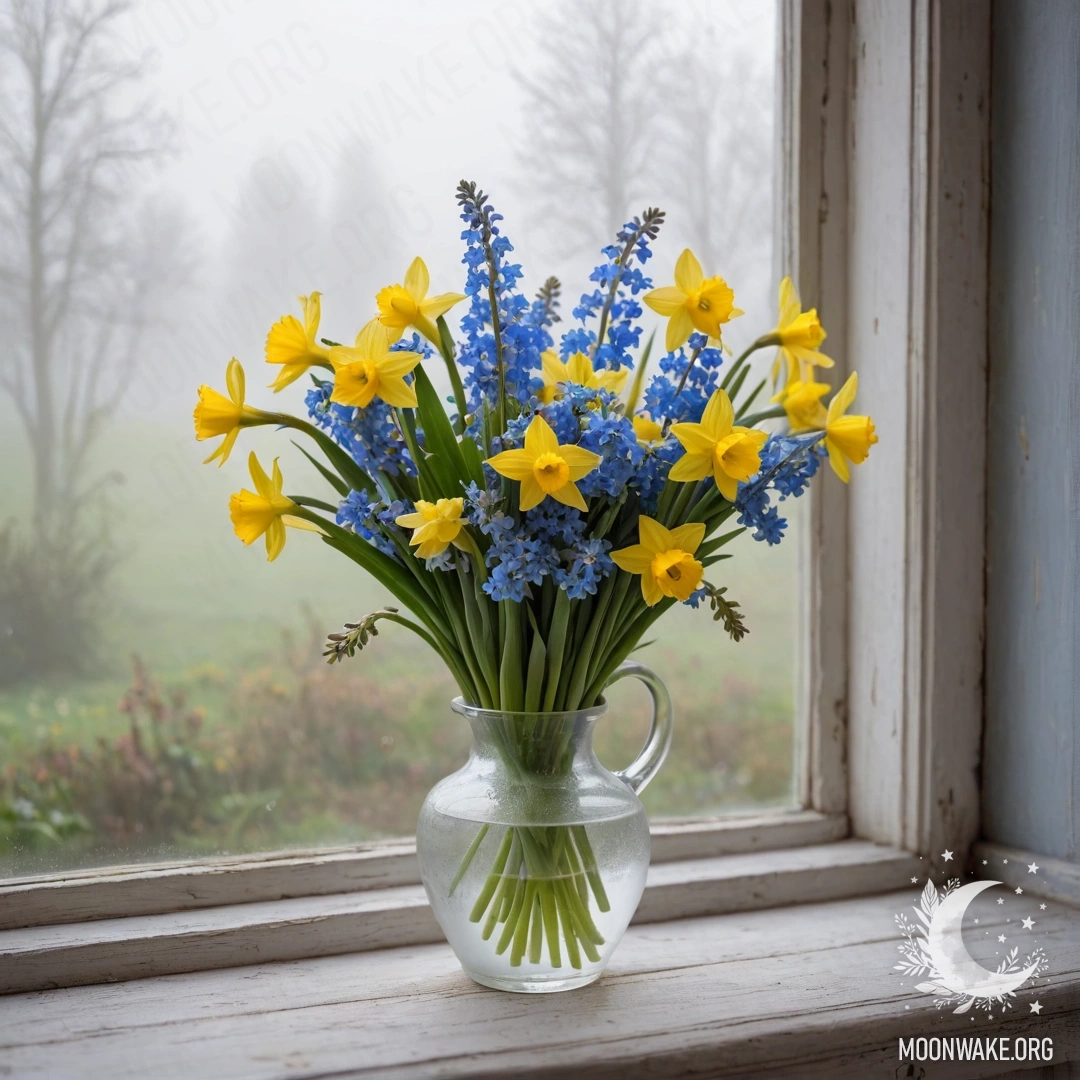 An old shabby wooden window sill adorned with a white porcelain vase filled with yellow daffodils and blue forget-me-nots, surrounded by dense mist and fog.