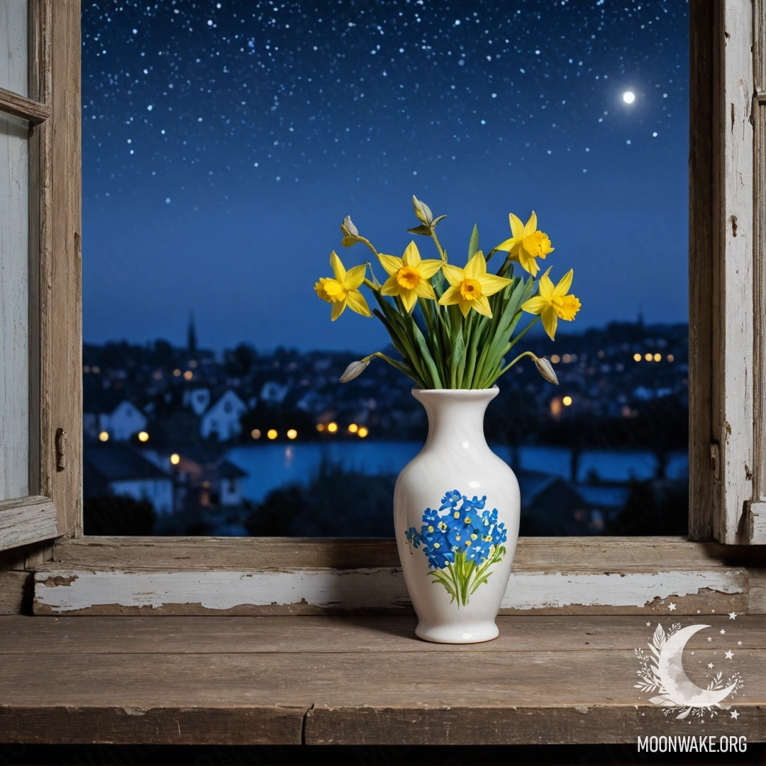 An old shabby wooden window sill with a white porcelain vase filled with yellow daffodils and blue forget-me-nots at night.
