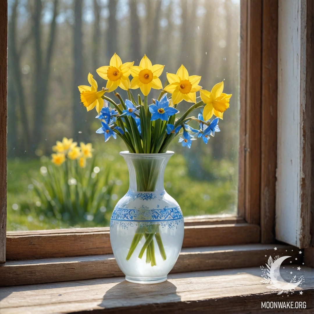 A shabby wooden window sill with a white porcelain vase holding daffodils and forget-me-nots, illuminated by gentle sun rays.