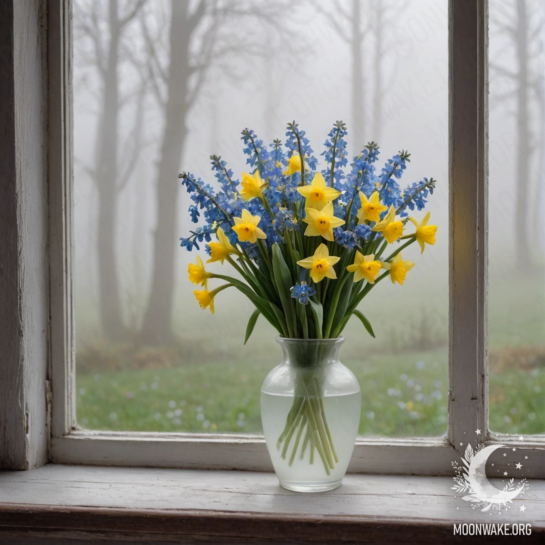 An old, shabby wooden window sill with a white porcelain vase containing daffodils and forget-me-nots, surrounded by dense mist and heavy fog.