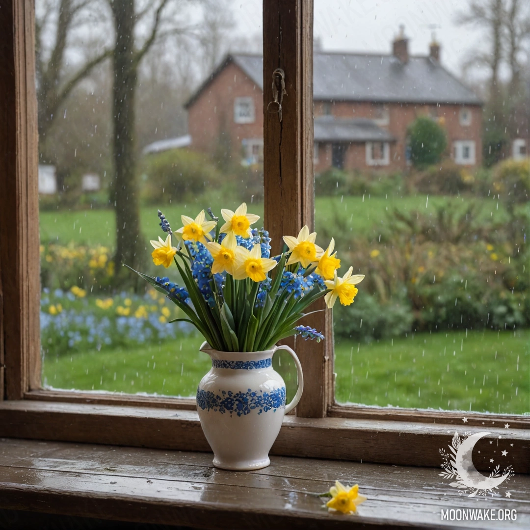 A weathered wooden window sill adorned with a white porcelain vase filled with daffodils and forget-me-nots, gently illuminated by raindrops.