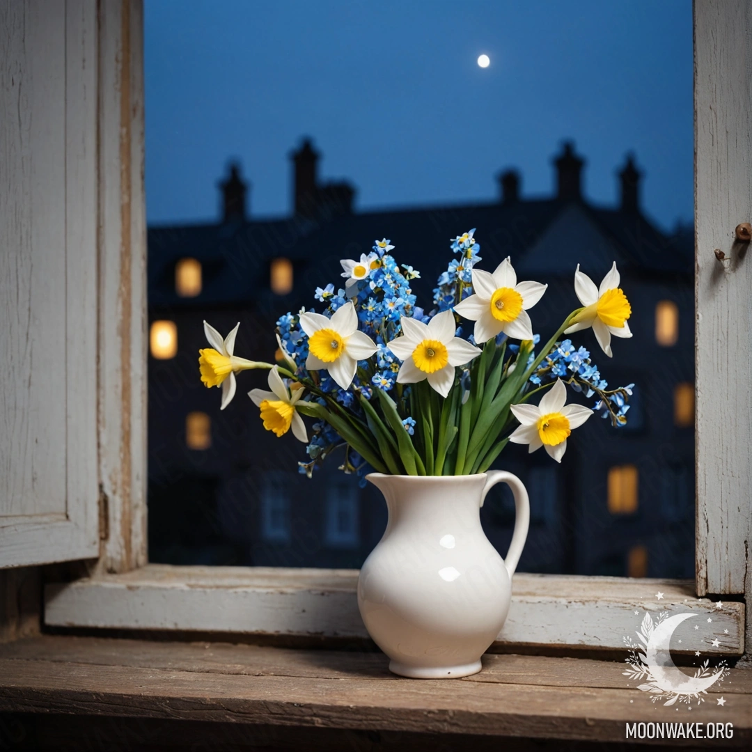 An old shabby wooden window sill with a white porcelain vase holding yellow daffodils and blue forget-me-nots at night.