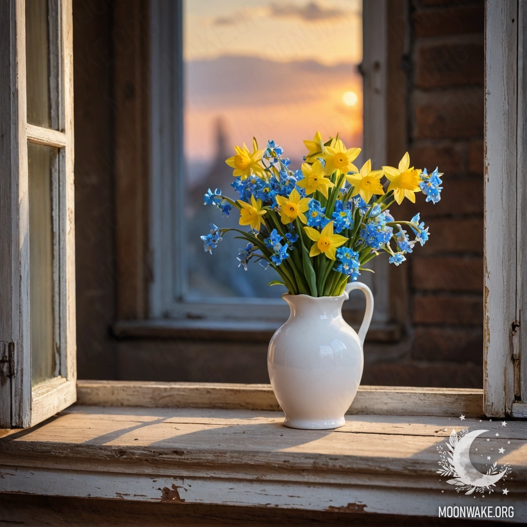 A weathered wooden window sill adorned with a porcelain vase filled with daffodils and forget-me-nots as the sun sets.