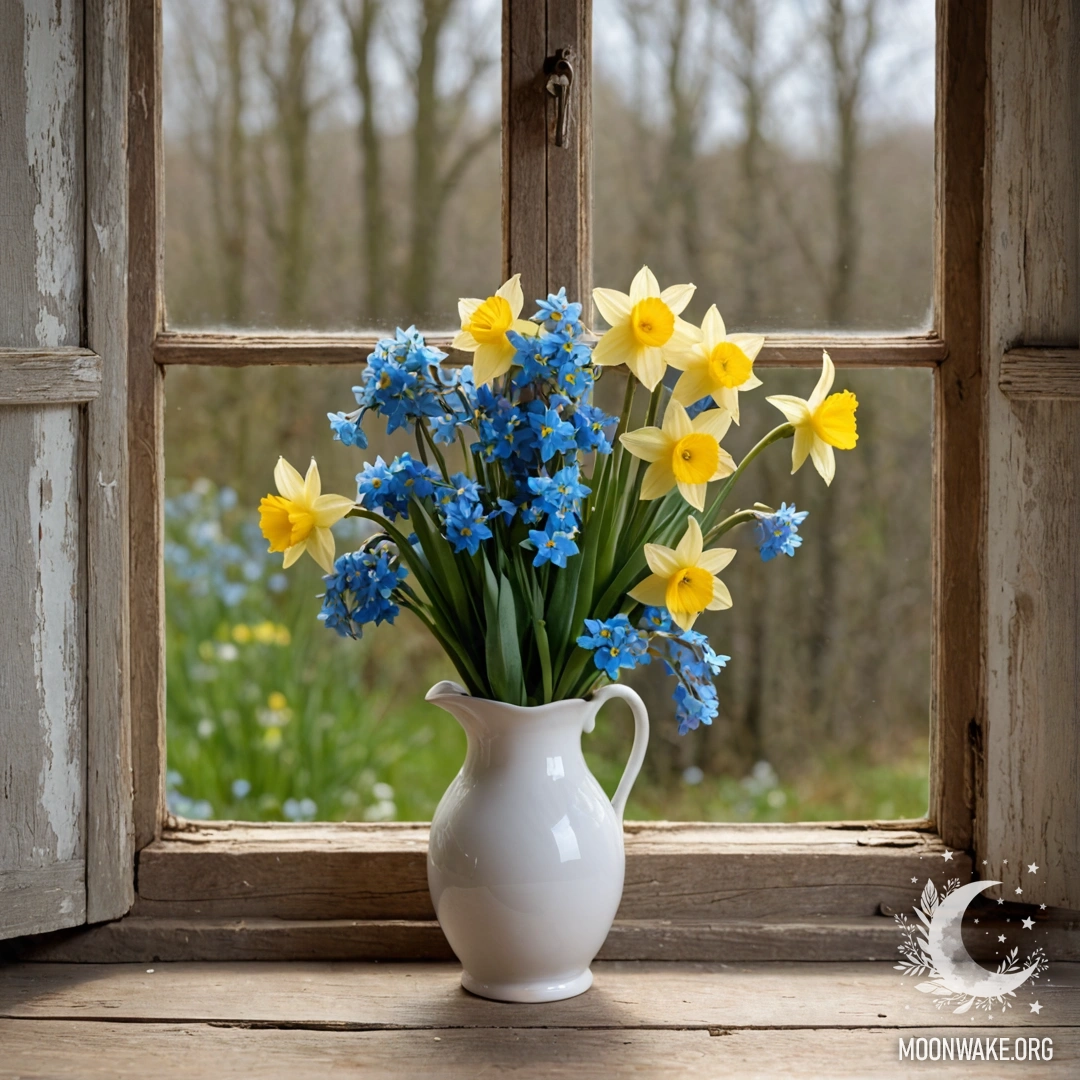 A shabby wooden window sill adorned with a white vase containing daffodils and forget-me-nots.