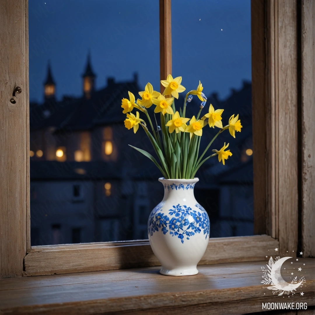 A shabby wooden window sill with a white porcelain vase holding daffodils and forget-me-nots, illuminated by night.