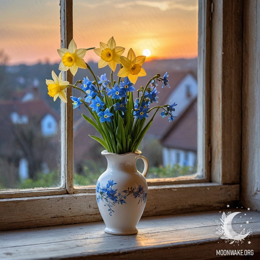 A shabby wooden window sill adorned with a white vase of daffodils and forget-me-nots during sunset.