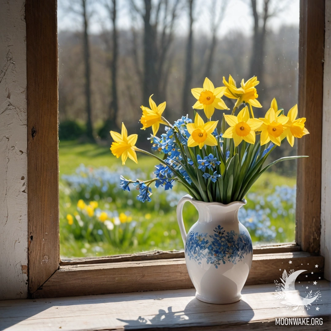 An old shabby wooden window sill with a white porcelain vase containing daffodils and forget-me-nots, illuminated by gentle sun rays.