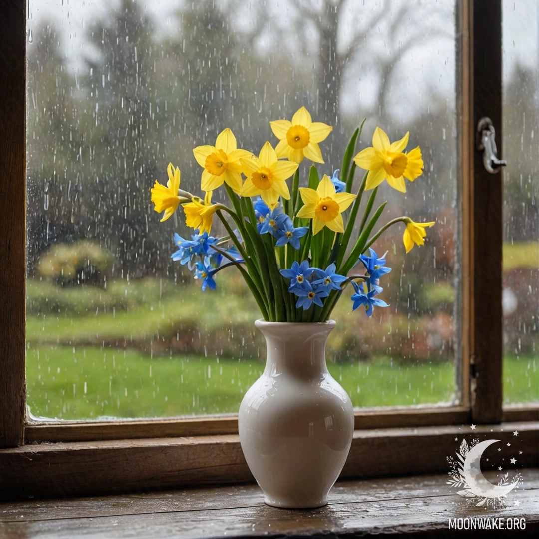 A shabby wooden window sill with a white porcelain vase filled with daffodils and forget-me-nots in the rain.