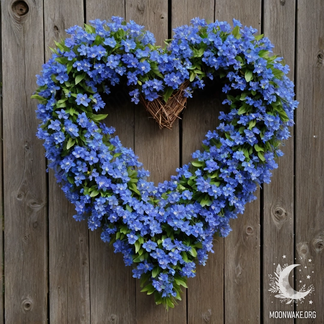 Close-up of an old wooden fence adorned with a blue flower wreath shaped like a heart.