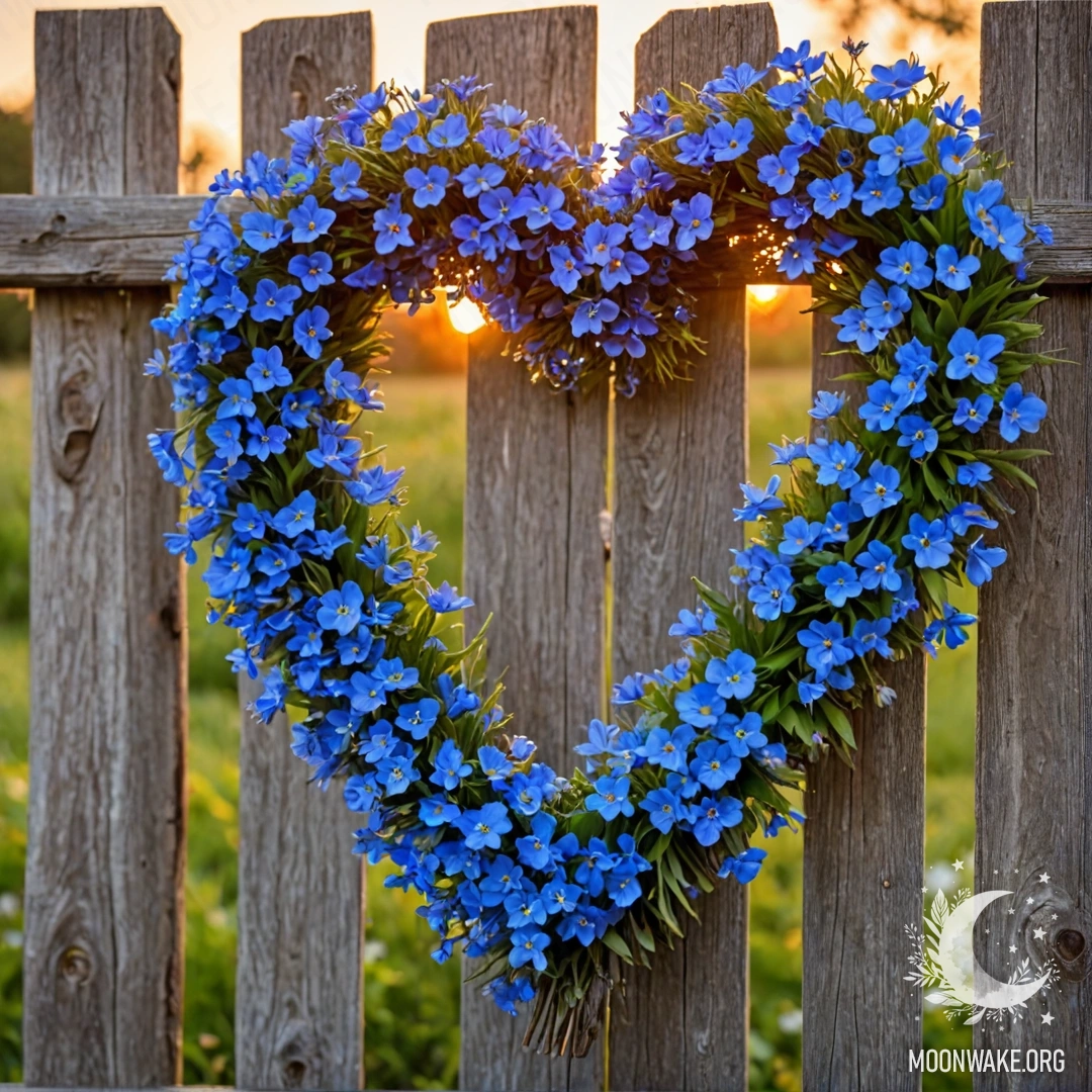 Close-up of an old wooden fence adorned with a heart-shaped wreath of blue flowers against a sunset background.
