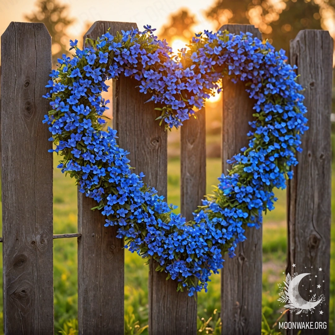 A close-up of an old wooden fence adorned with a heart-shaped wreath of blue flowers at sunset.