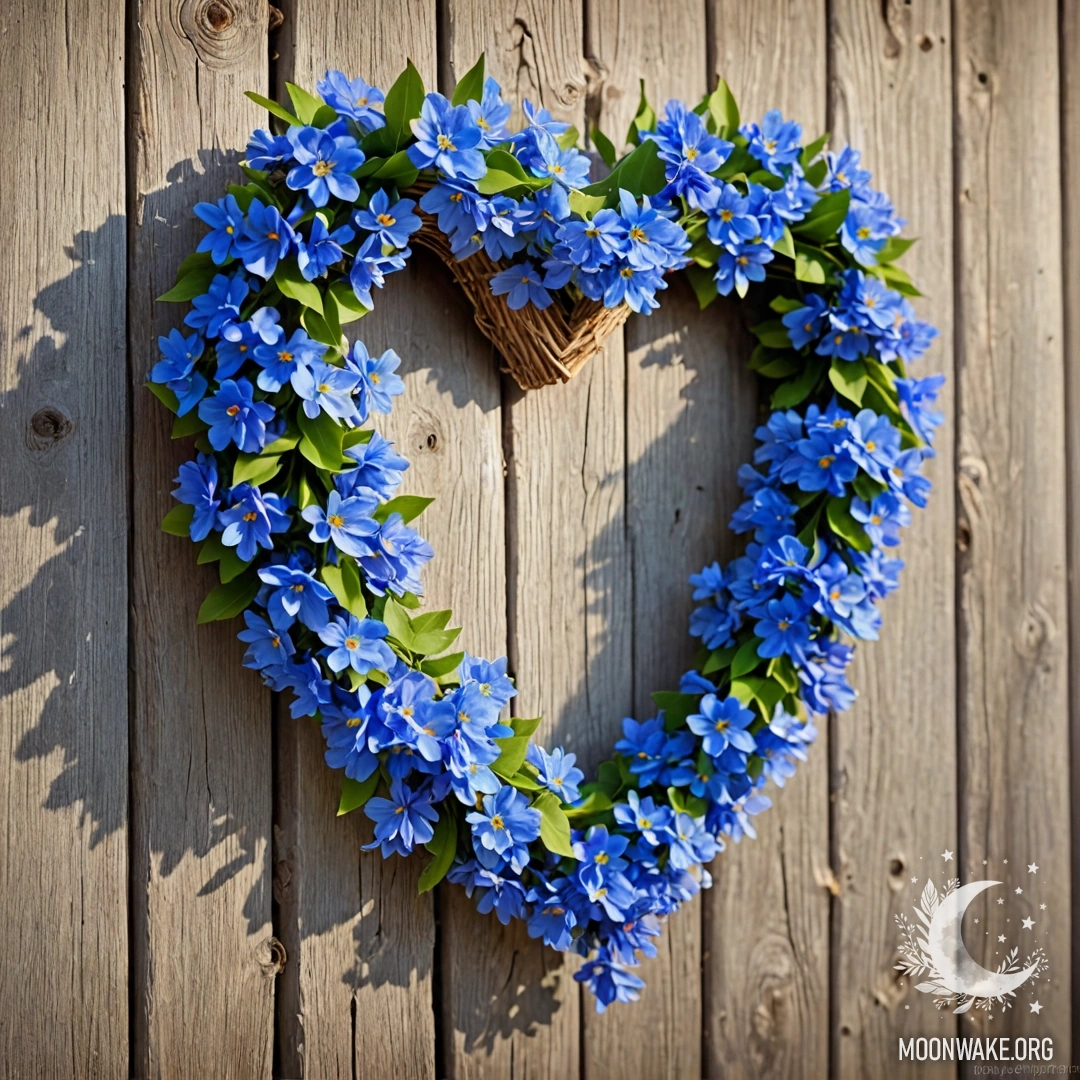 Charming Heart-Shaped Wreath on a Wooden Fence Close-up of an old wooden fence adorned with a heart-shaped wreath of blue flowers, illuminated by garland lights.