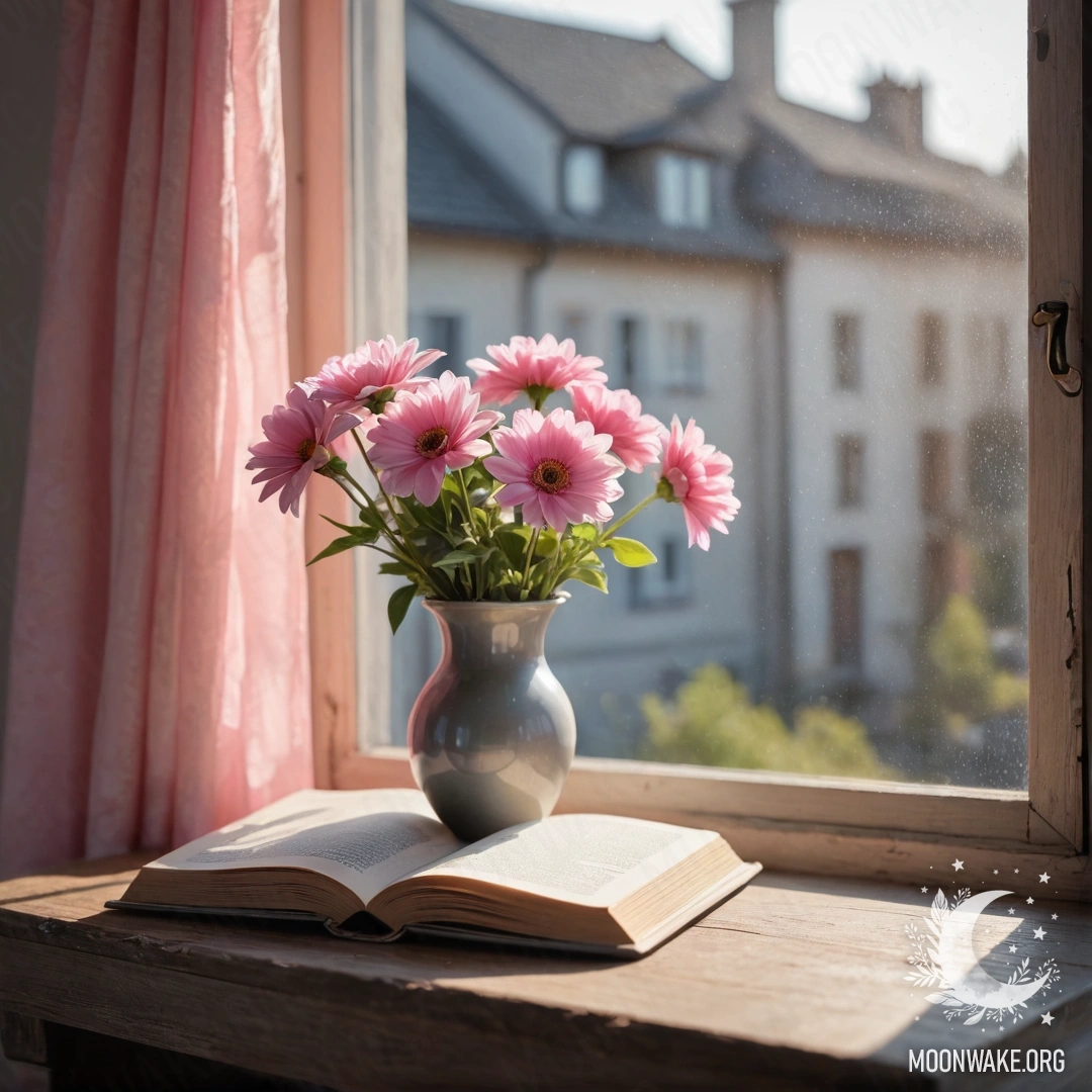 An old shabby wooden table adorned with a white knitted tablecloth and a turquoise vase filled with yellow flowers.