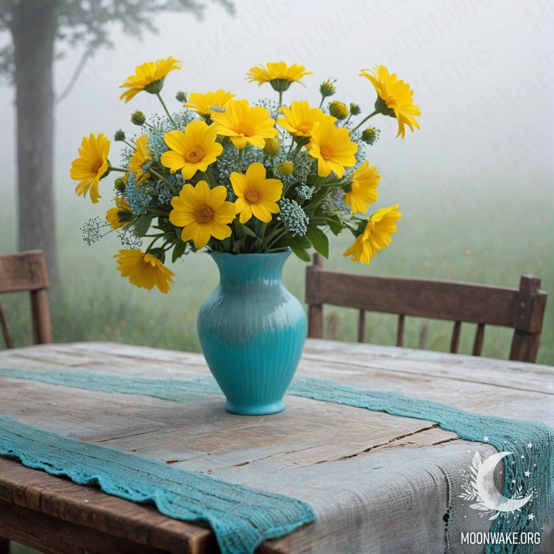 Misty Vintage Table with Flowers An old shabby wooden table covered with a white knitted tablecloth, a turquoise vase with yellow flowers against a backdrop of dense mist.