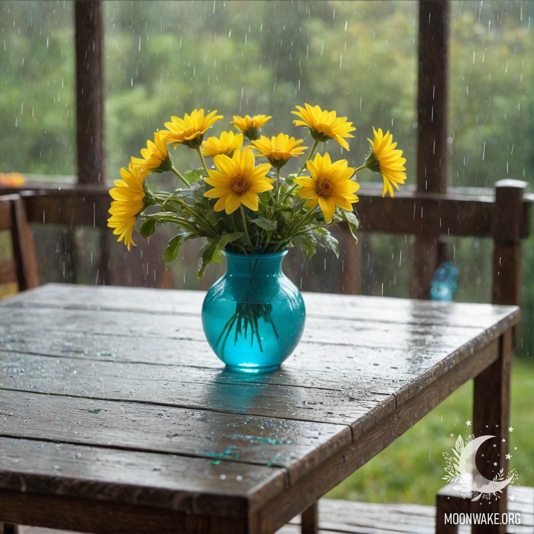 A weathered wooden table covered with a white knitted tablecloth, featuring a turquoise vase filled with yellow flowers, set against a backdrop of rain.
