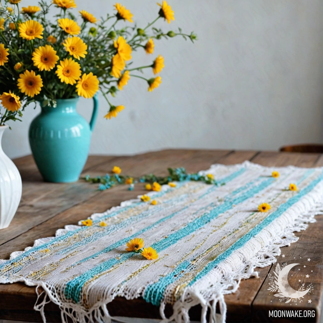 A weathered wooden table adorned with a white knitted tablecloth and a turquoise vase filled with yellow flowers, illuminated by soft garland lights.
