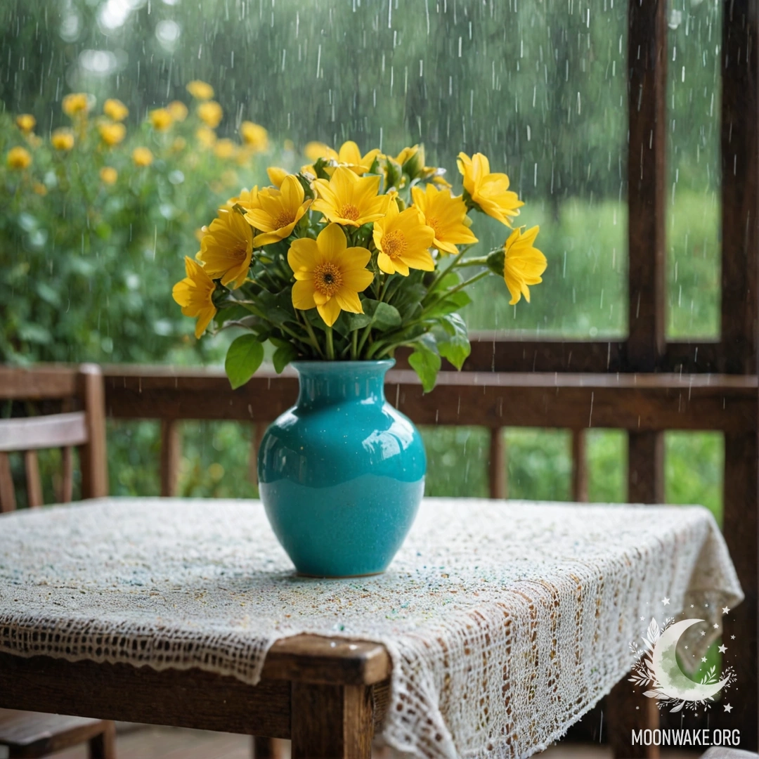 An old shabby wooden table covered with a white knitted tablecloth, adorned with a turquoise vase holding yellow flowers, under the rain.