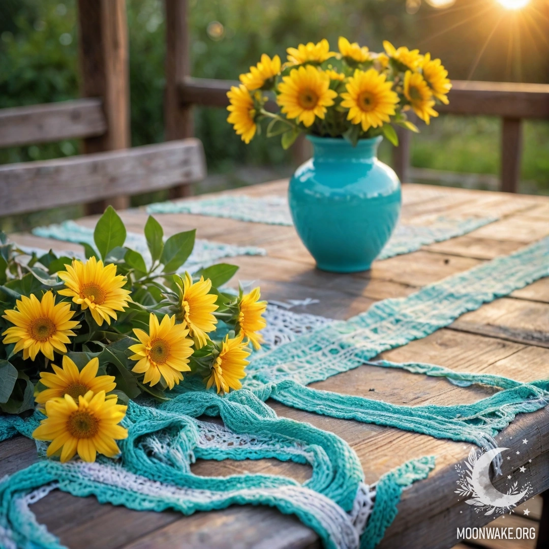 An old shabby wooden table covered with a white knitted tablecloth and a turquoise vase filled with yellow flowers, illuminated by sunset.