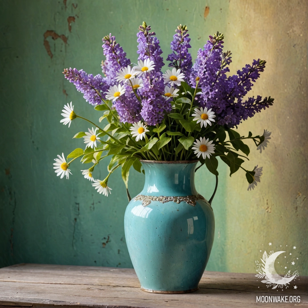 Old Wooden Table with Flowers A rustic wooden table covered with a white knitted tablecloth and a turquoise vase filled with yellow flowers, set against a backdrop of rain.