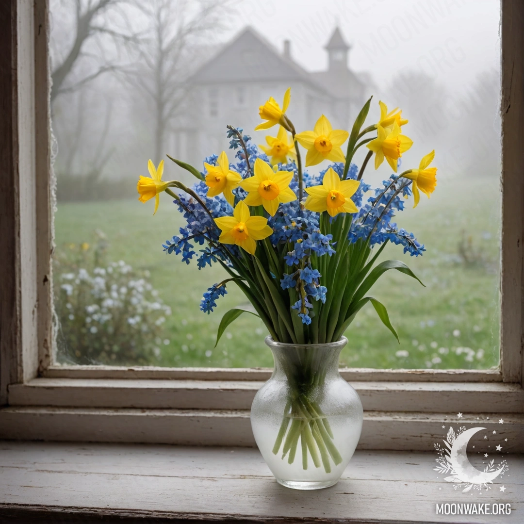 Old Wooden Window with Daffodils and Forget-Me-Nots A weathered wooden window sill adorned with a white vase filled with fresh daffodils and forget-me-nots, surrounded by thick fog.