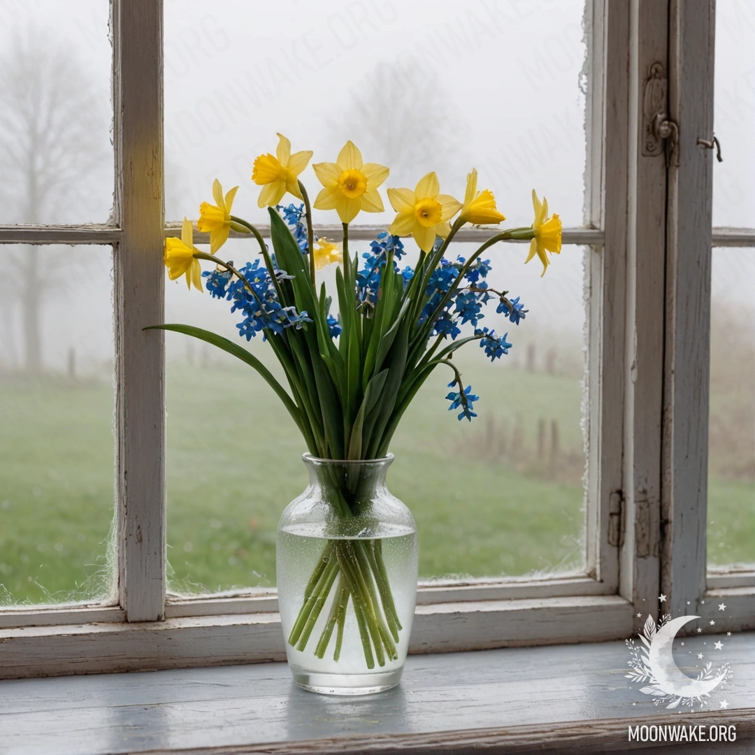 Minimalist Old Wooden Window Sill with Daffodils A shabby wooden window sill with a white porcelain vase holding daffodils and forget-me-nots in a dense fog.