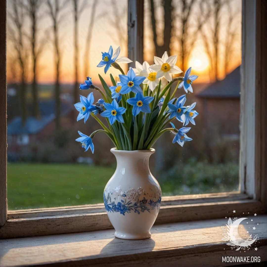 Old Wooden Window Sill with Daffodils A white porcelain vase with daffodils and forget-me-nots on a weathered wooden window sill during sunset.
