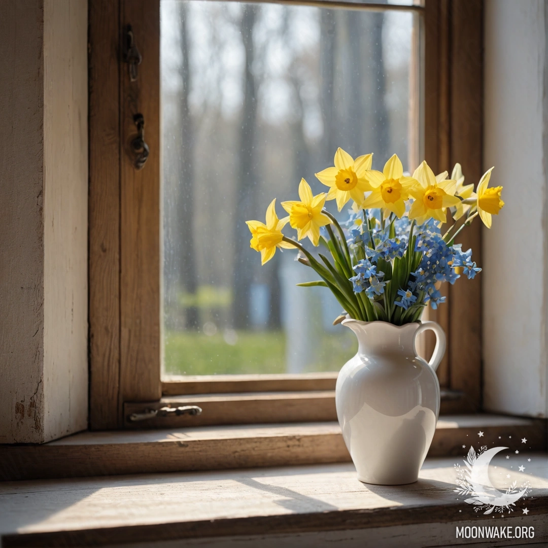 A white porcelain vase with daffodils and forget-me-nots on a shabby wooden window sill, illuminated by sun rays.
