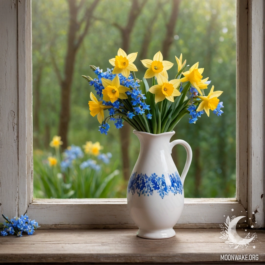 A shabby wooden window sill adorned with a white vase of daffodils and forget-me-nots, illuminated by fairy lights.