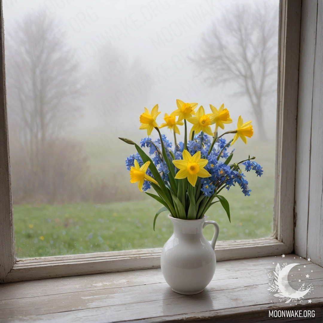 An old, shabby wooden window sill adorned with a white porcelain vase containing daffodils and forget-me-nots, surrounded by dense mist.