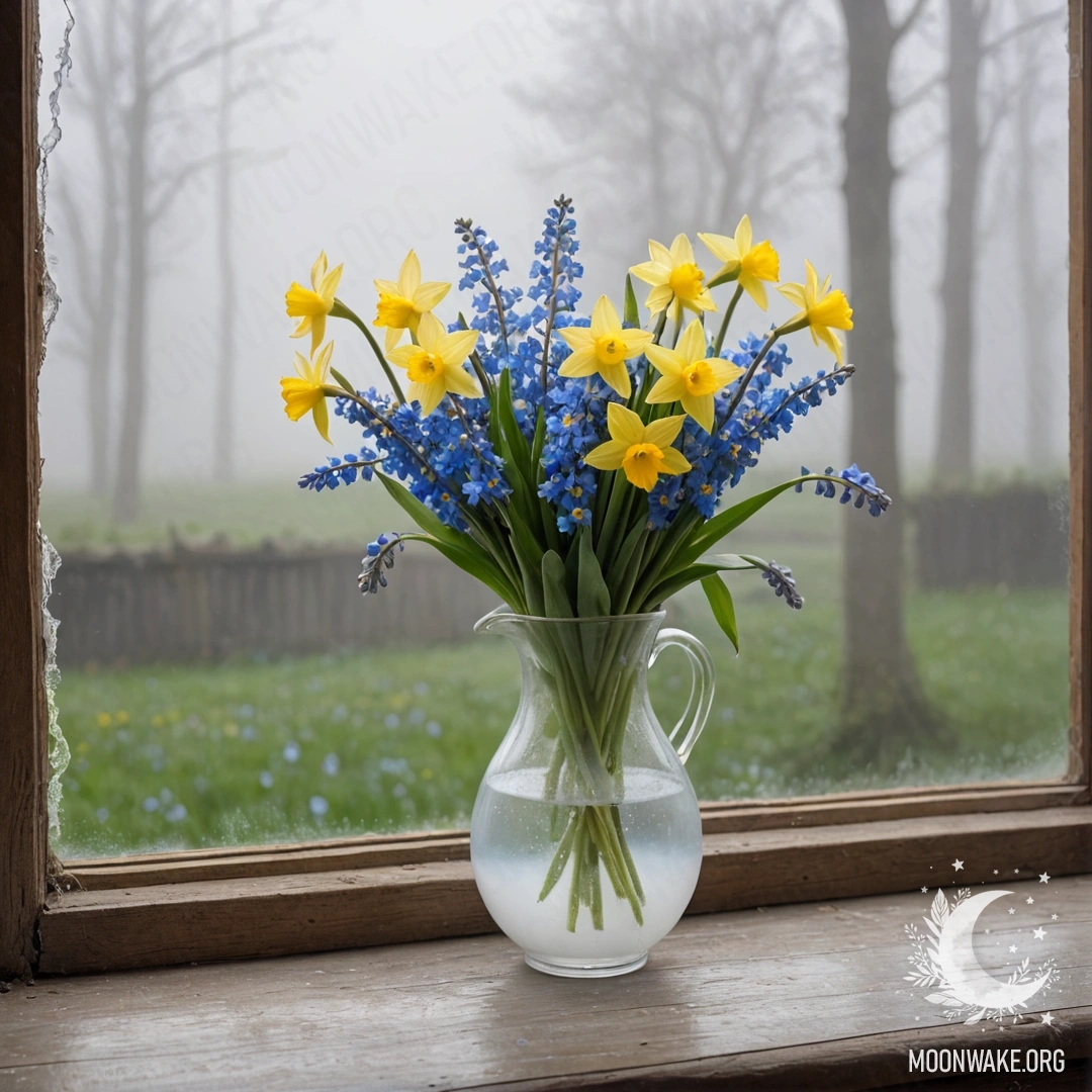 An old shabby wooden window sill adorned with a white porcelain vase holding daffodils and forget-me-nots, surrounded by heavy fog.