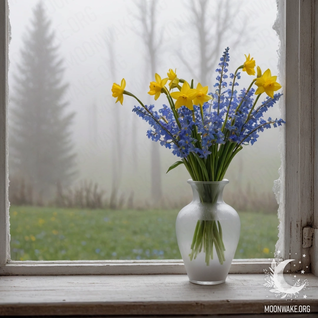An old wooden window sill with a white vase holding daffodils and forget-me-nots surrounded by heavy fog.
