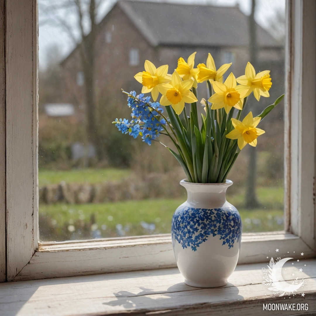 Old shabby wooden window sill with a white porcelain vase containing daffodils and forget-me-nots.