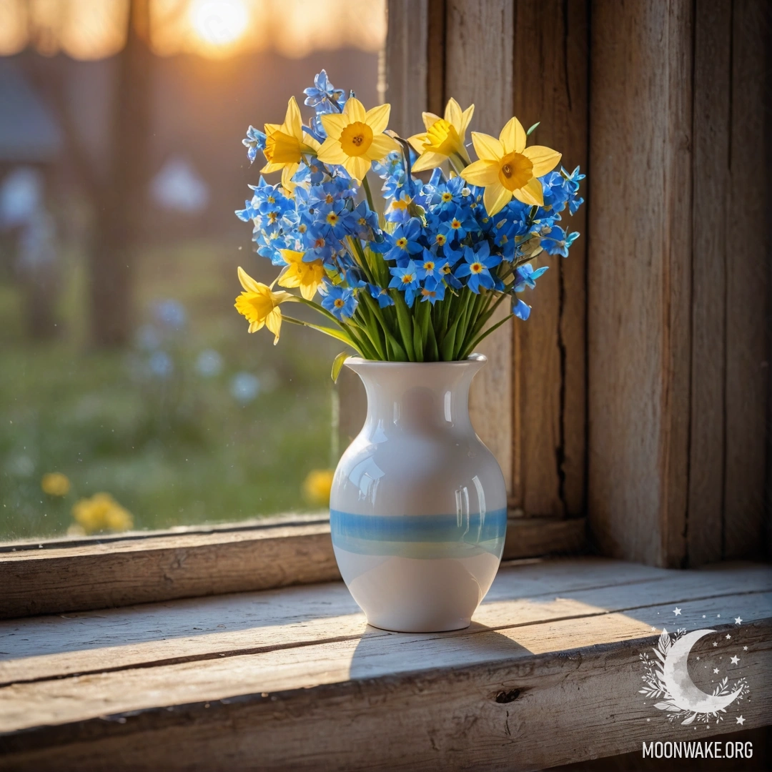 A close-up of a shabby wooden window sill with a white porcelain vase containing daffodils and forget-me-nots during sunset.