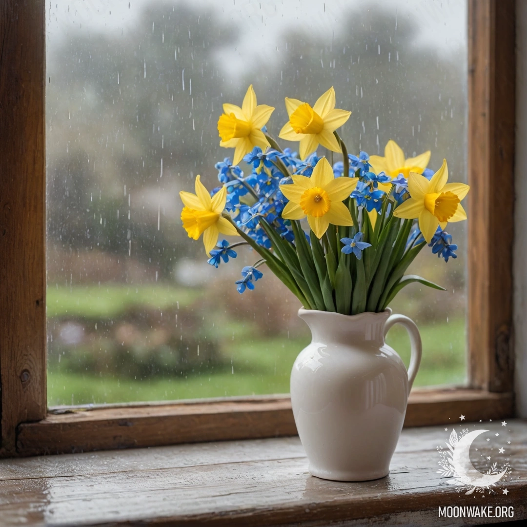 An old shabby wooden window sill with a white porcelain vase containing daffodils and forget-me-nots, under the rain.