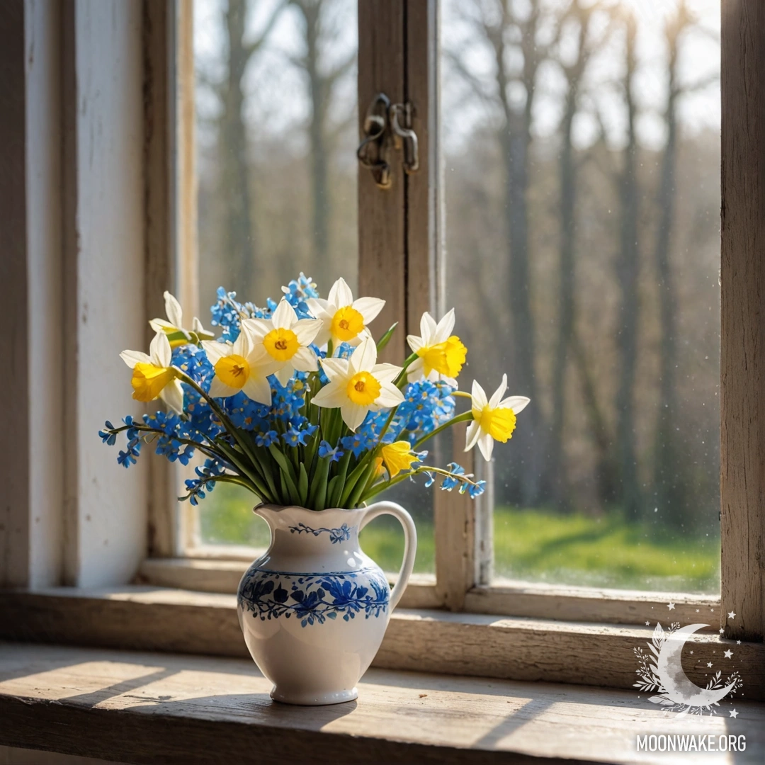 A shabby wooden window sill with a white vase of daffodils and forget-me-nots, illuminated by sunlight.