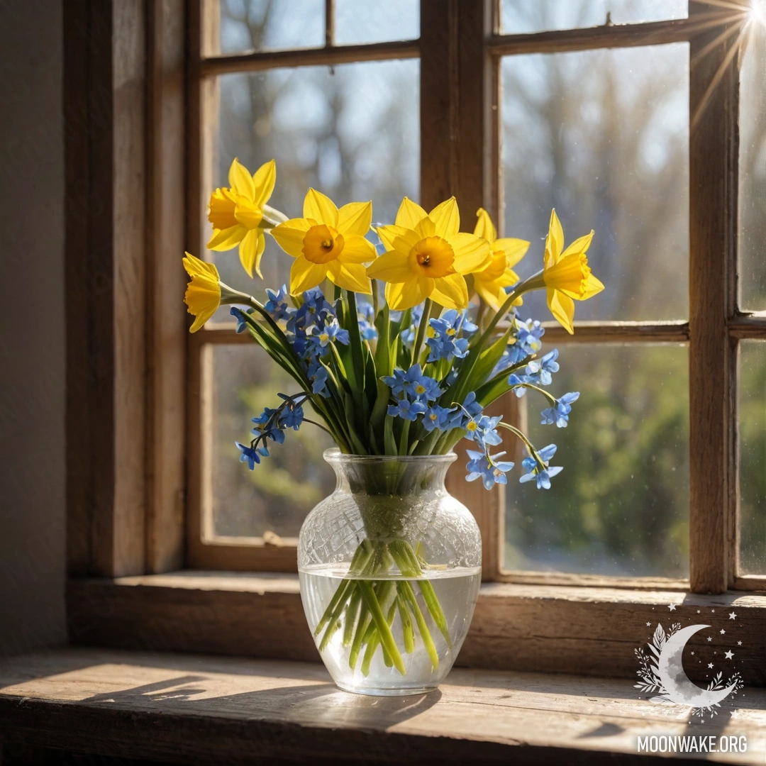 An old shabby wooden window sill with a white porcelain vase containing daffodils and forget-me-nots, illuminated by sun rays.