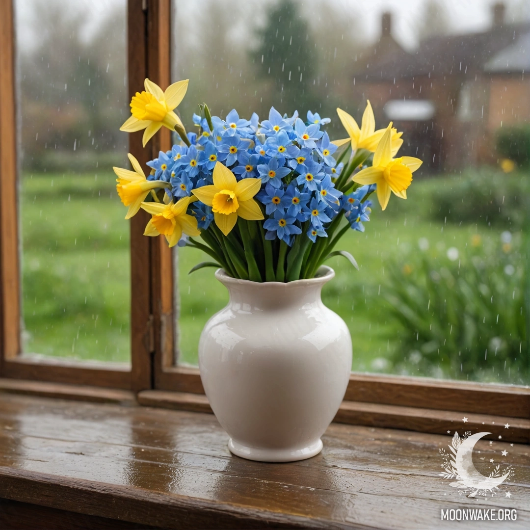 An old, shabby wooden window sill with a white porcelain vase containing daffodils and forget-me-nots, blurred by rain.
