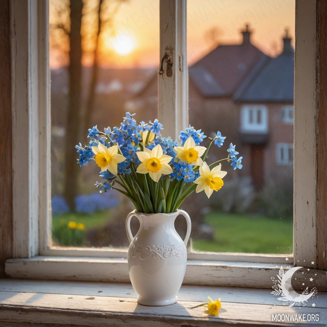 An old wooden window sill adorned with a white vase of daffodils and forget-me-nots at sunset.