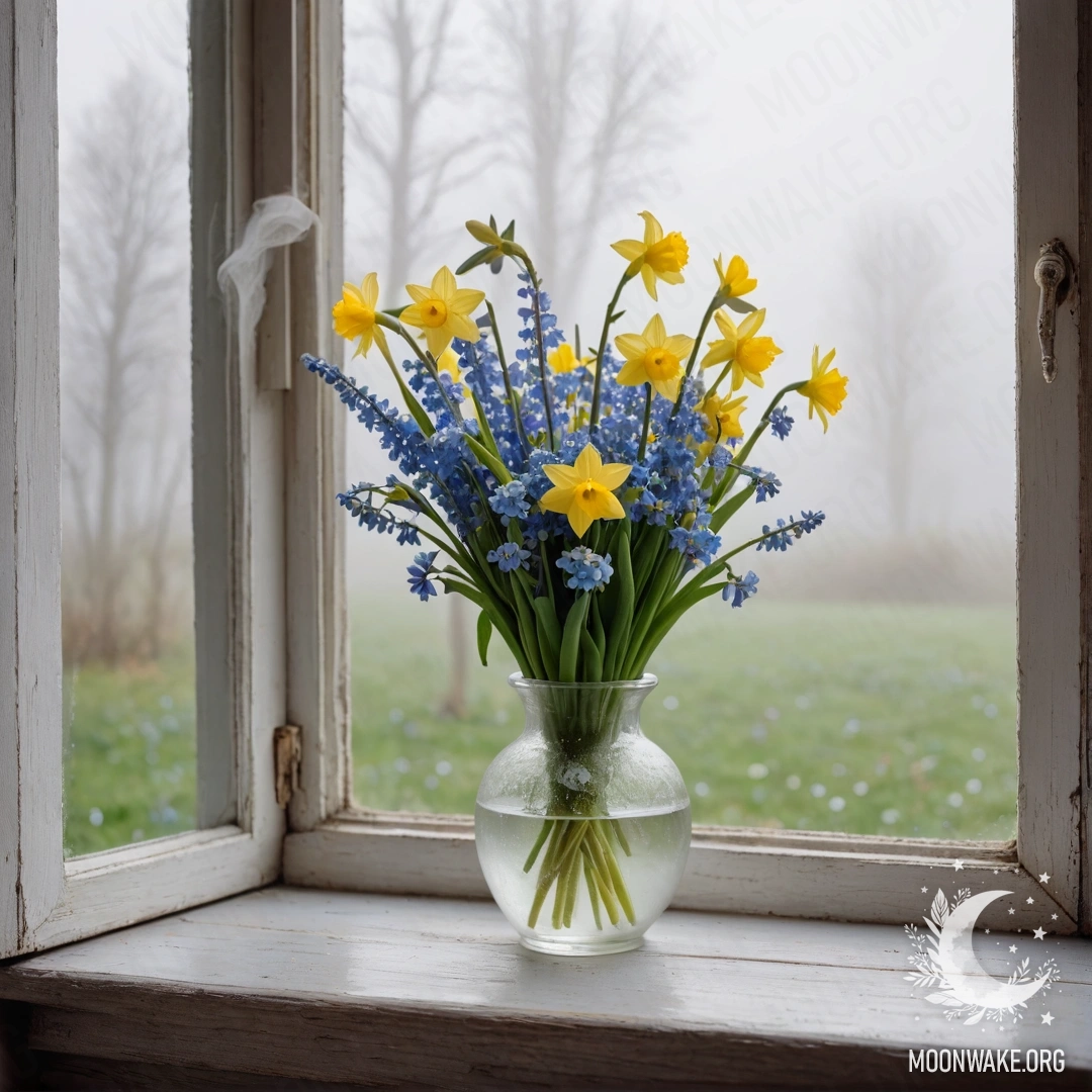 An old shabby wooden window sill adorned with a white porcelain vase containing daffodils and forget-me-nots, enveloped in thick fog.