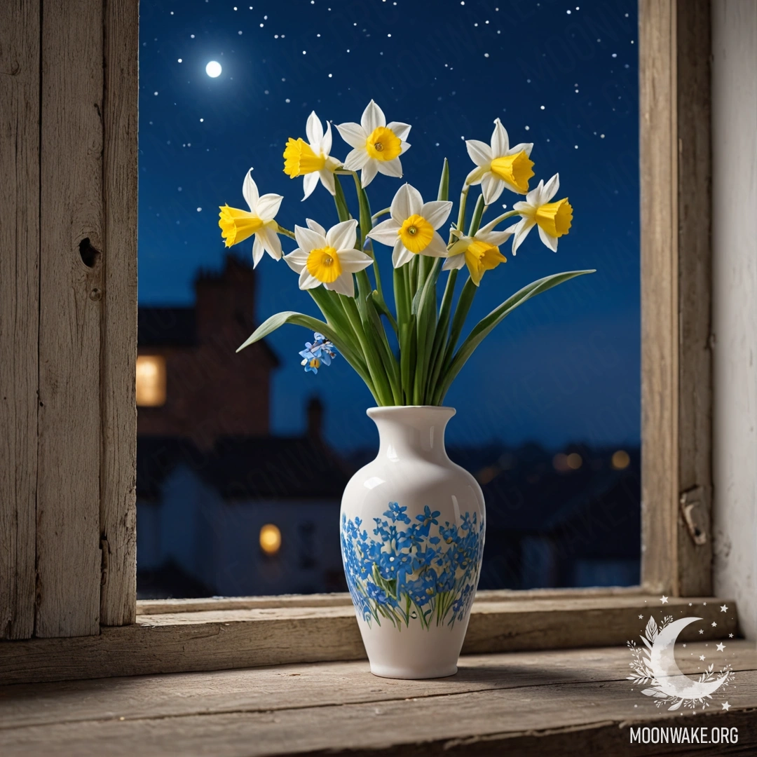 An old wooden window sill at night with a porcelain vase featuring daffodils and forget-me-nots.