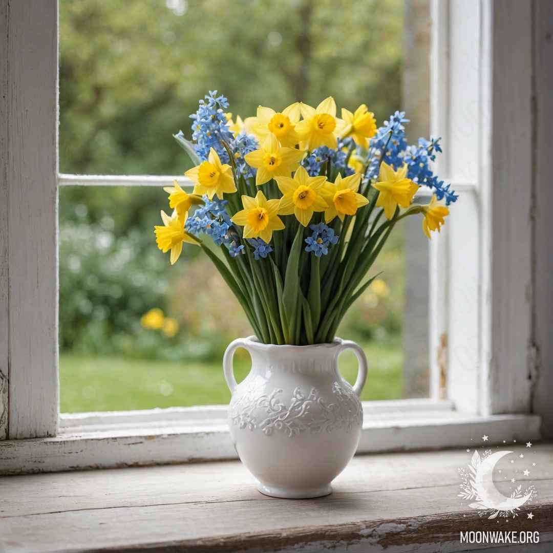 A shabby wooden window sill adorned with a white porcelain vase filled with yellow daffodils and blue forget-me-nots.