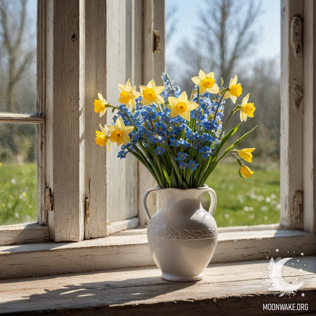 An old shabby wooden window sill adorned with a white porcelain vase filled with bright daffodils and delicate forget-me-nots.