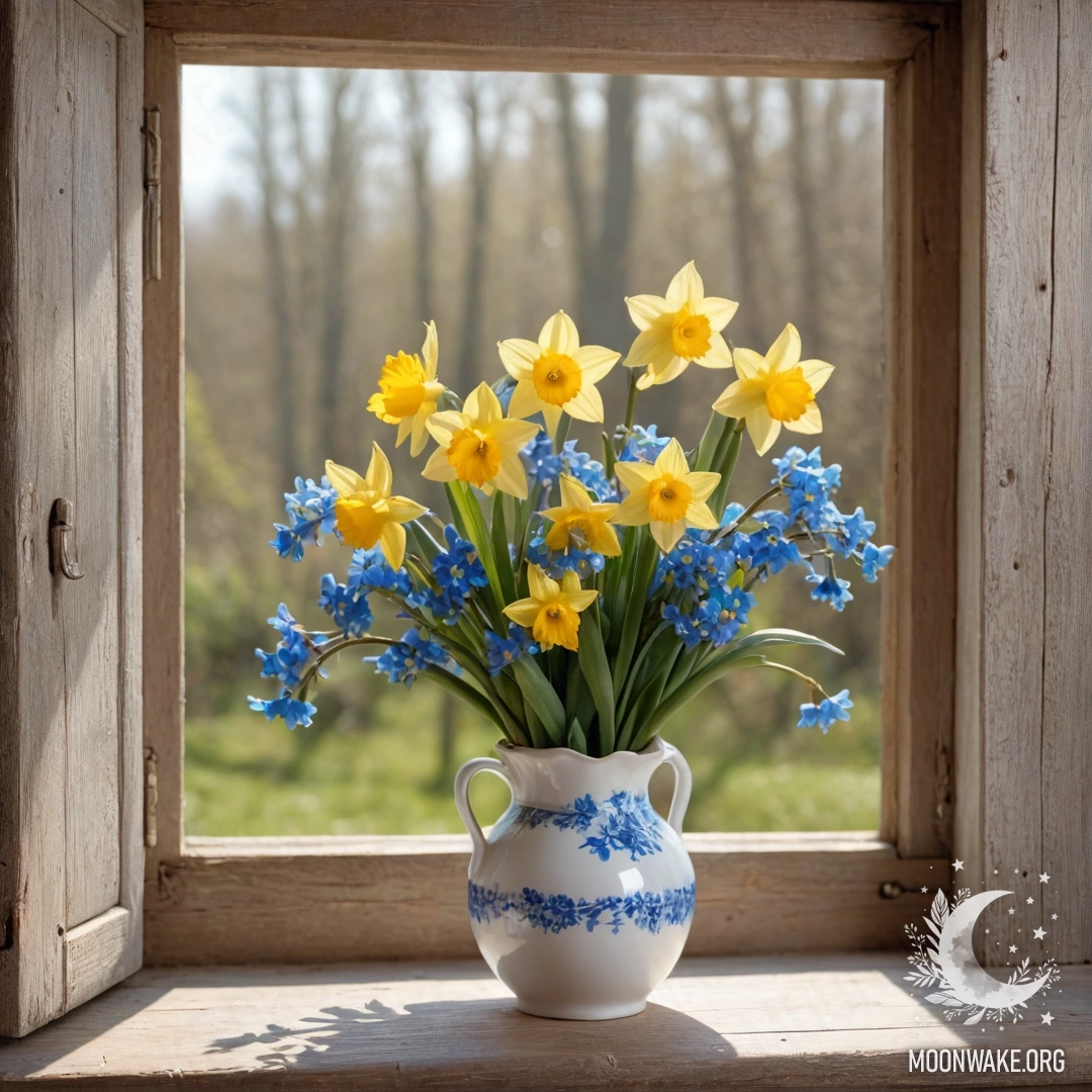 An old shabby wooden window sill adorned with a white vase filled with daffodils and forget-me-nots, illuminated by garland lights.
