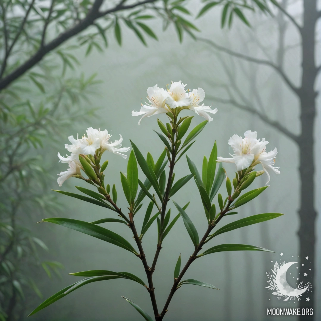 Oleander in Fog A minimalistic depiction of oleander flowers shrouded in fog, emphasizing soft green hues.
