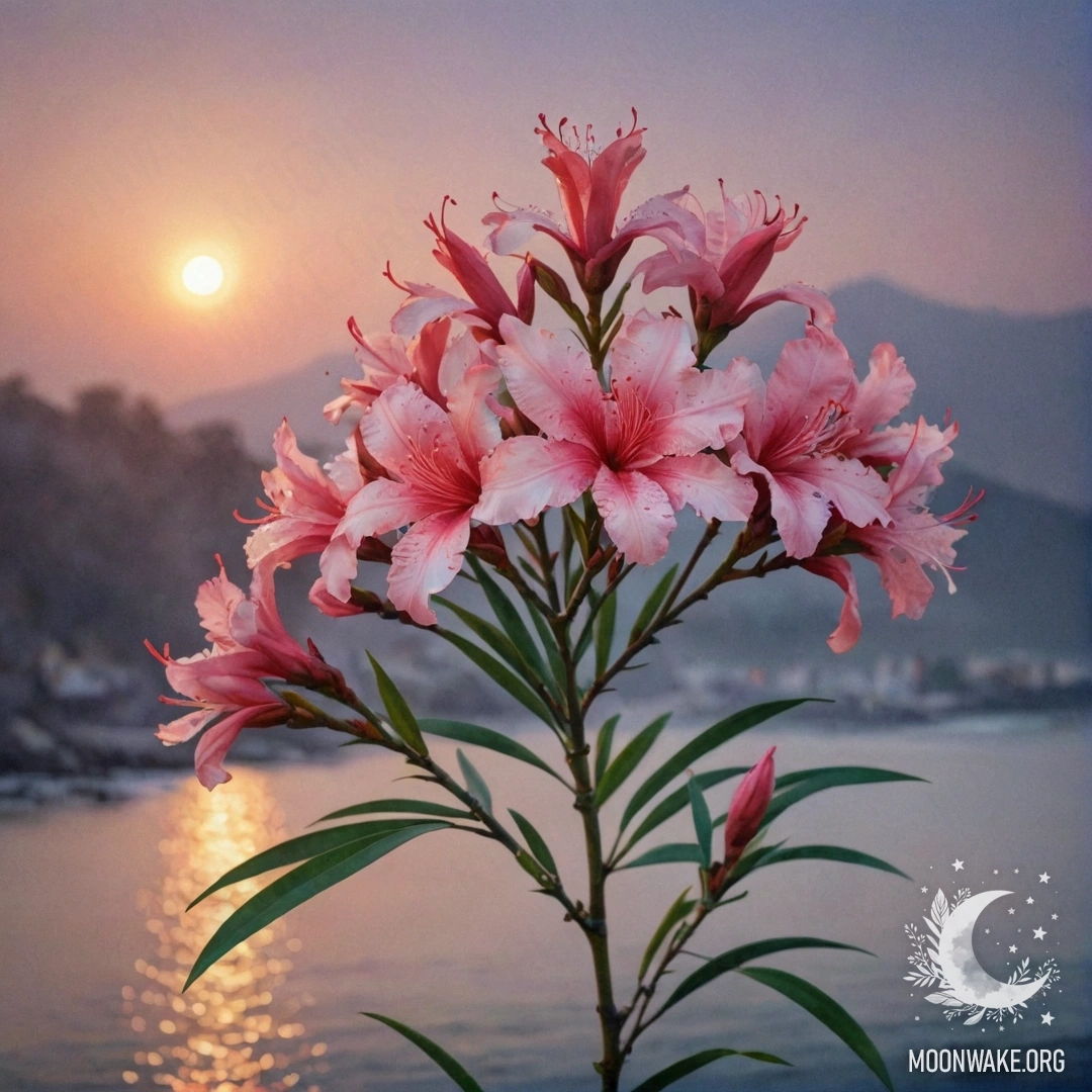Oleander in Mist at Sunset A beautiful oleander surrounded by mist at sunset, reflecting sea wave colors.