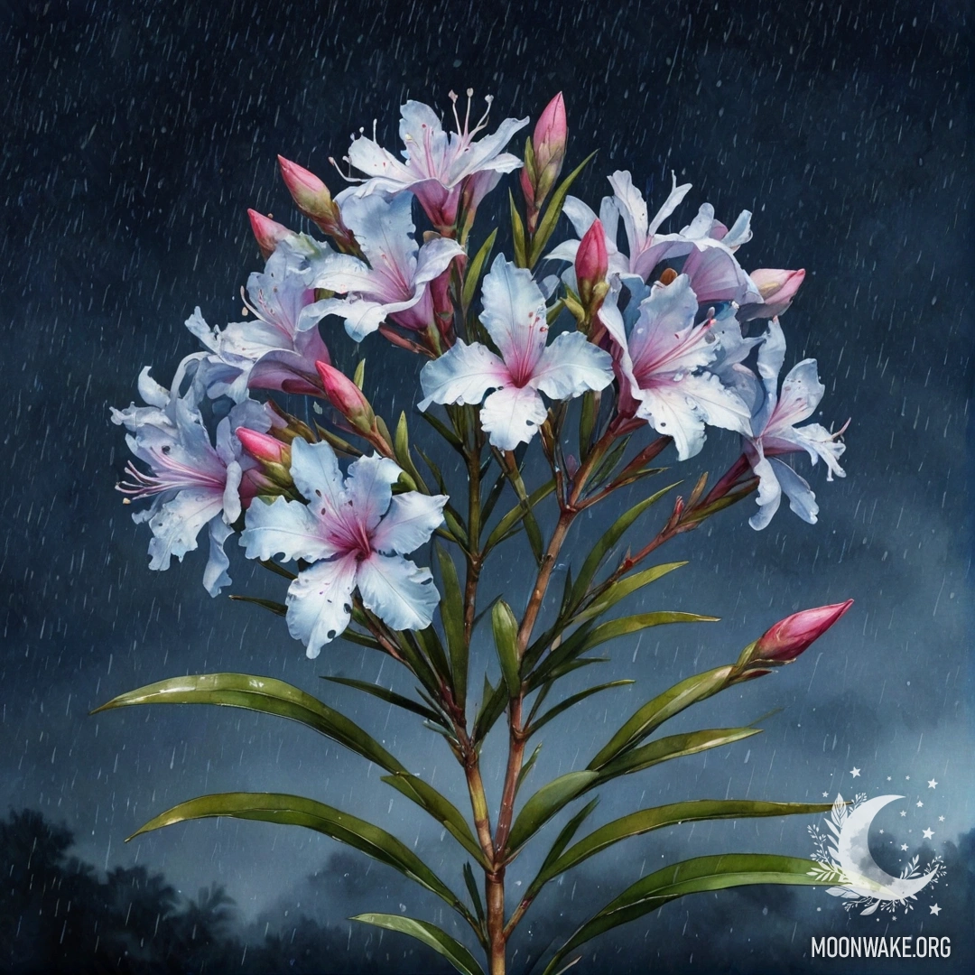 Oleander in Misty Rain at Night A bouquet of peaceful oleander flowers in misty rain at night, bathed in soft blue hues.