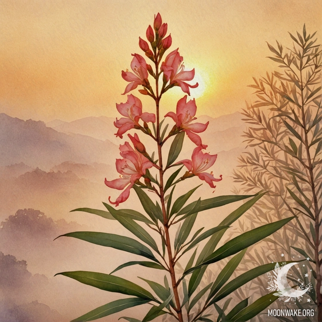 A watercolor painting of oleander flowers in a misty landscape at sunset, featuring golden hues.